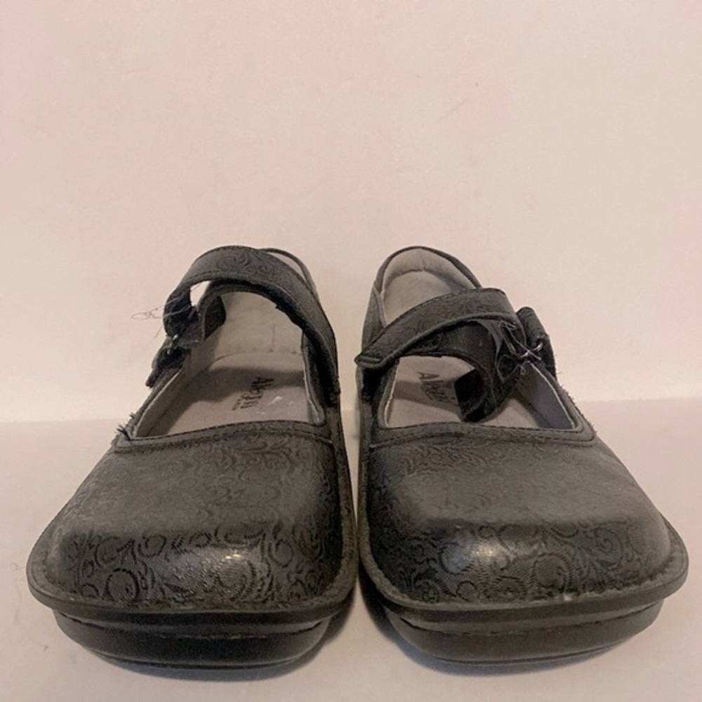 Alegria Grey Floral Embossed Leather Mary Jane Clogs